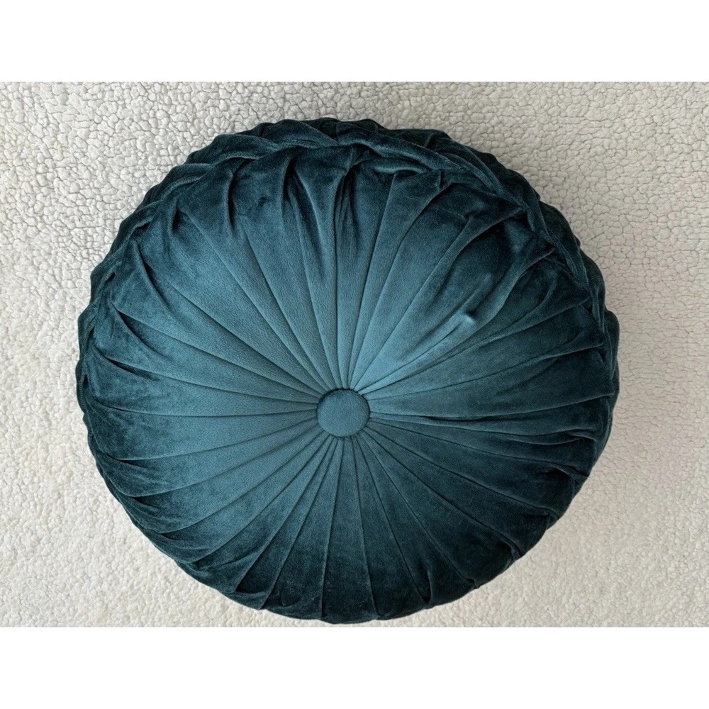 Round Velvet Throw Pillow Pumpkin Teal Blue Green Tufted Pleated Cushion Decor - Picture 16 of 16